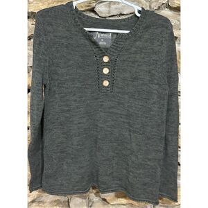Women's Natural Reflections Green Cotton Henley Long Sleeve Knit Button Sweater